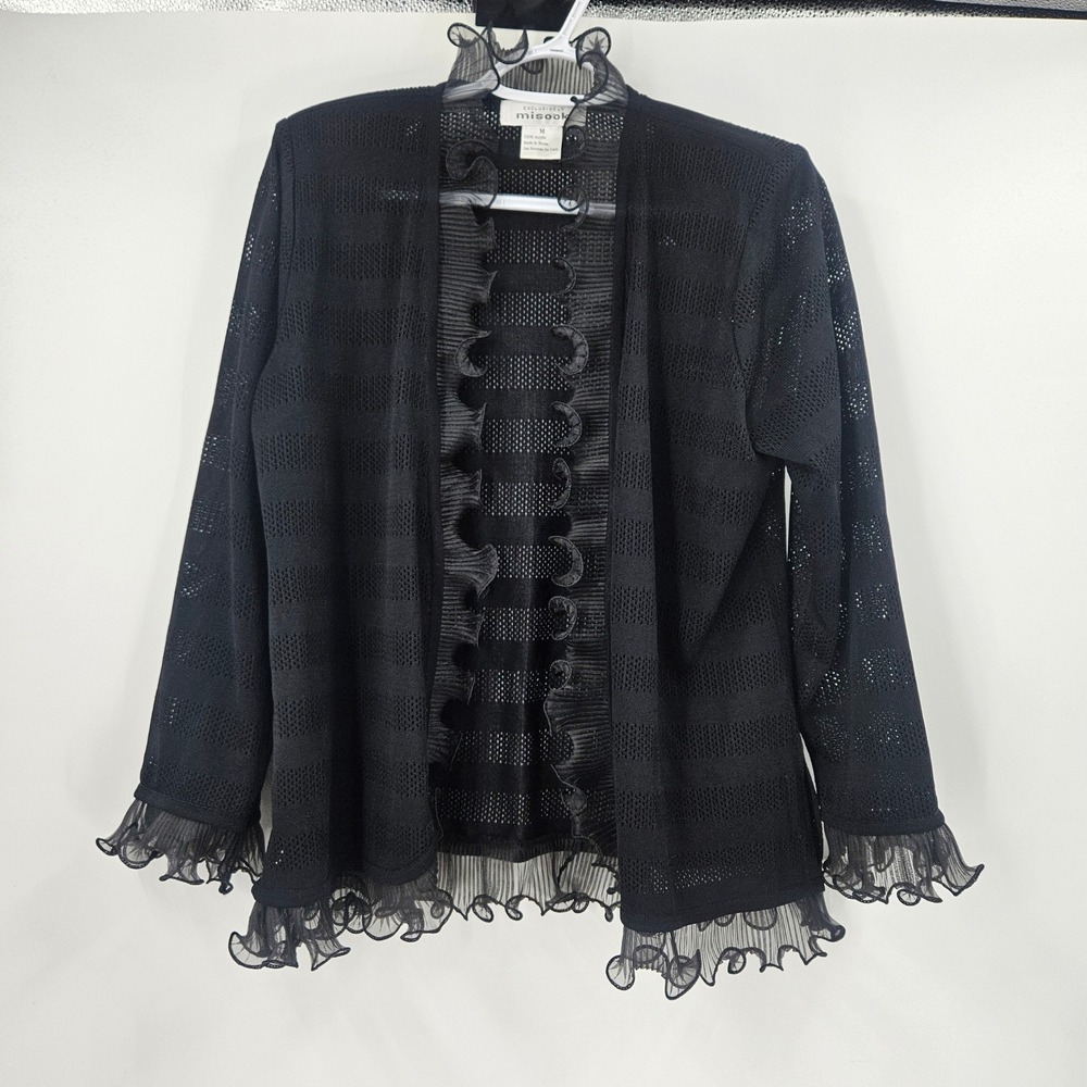 Exclusively Misook Cardigan Black Y2K Goth Knit Ruffe Trim Open Front Size M